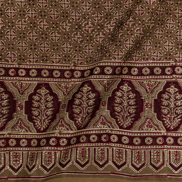 Mashru Gaji Cedar Colour Ajrakh Hand Block Print with Daman Border 50 Inches Width Fabric