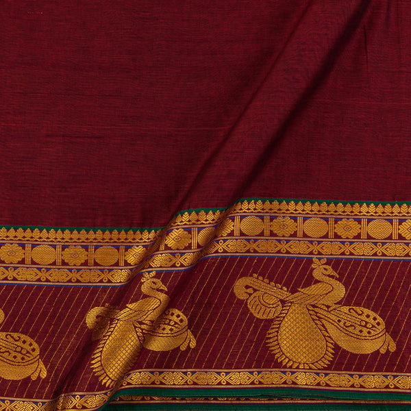 Mercerised Cotton Maroon X Black Cross Tone Two Side Gold Peacock Border Fabric for Sarees and Kurtis Online 9782E2