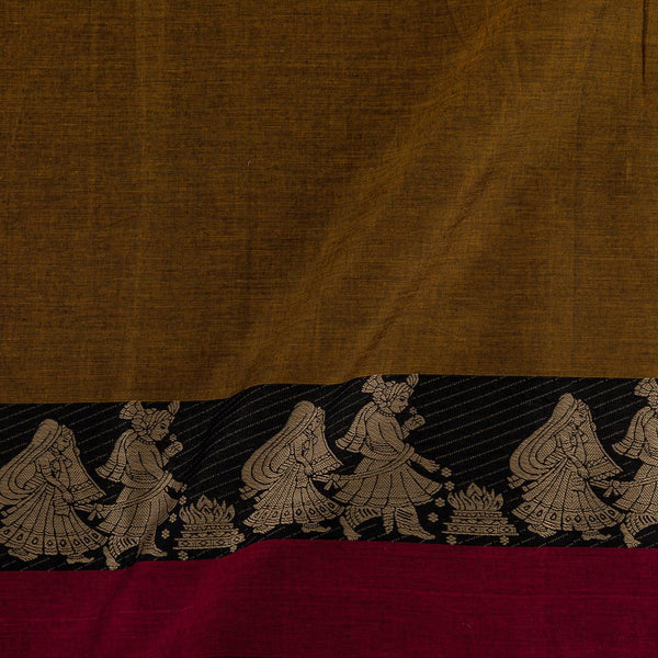 Mercerised Cotton Brown X Black Cross Tone With Two Side Ethnic Gold Border Fabric for Sarees and Kurtis Online 9782GG3