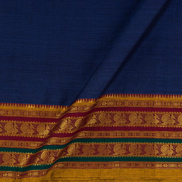Mercerised Cotton Blue X Black Cross Tone Two Side Gold Peacock Border Fabric for Sarees and Kurtis Online 9782H5