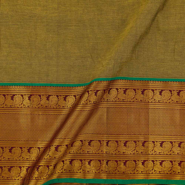 Mercerised Cotton Olive Green Colour Two Side Gold Peacock Border Fabric for Sarees and Kurtis Online 9782I2