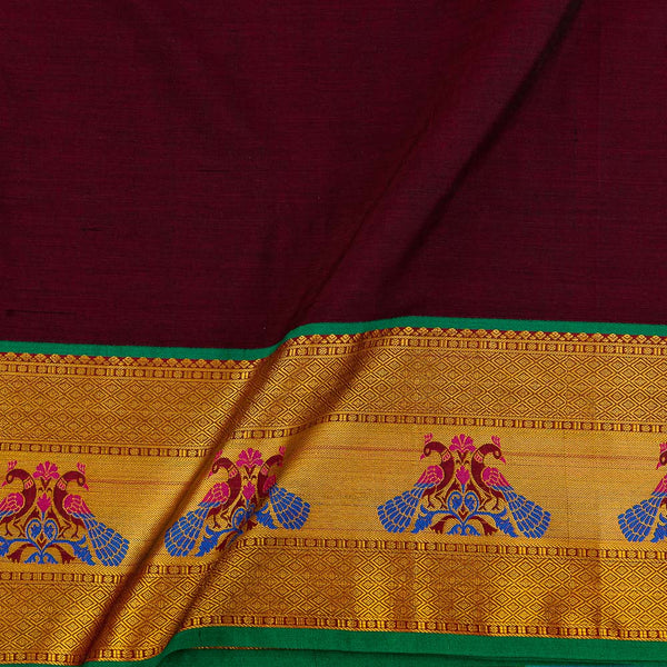 Mercerised Cotton Maroon X Black Cross Tone Two Side Gold Peacock Daman Border Fabric for Sarees and Kurtis Online 9782N2