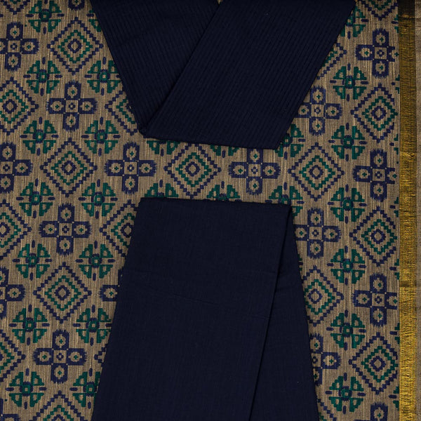 Beige X Black Cross Tone Print with Two Side Border Slub Cotton Top, Navy Blue Colour South Cotton Dupatta and Bottom Unstitched Three Piece Dress Material Online ST-9483AR3-7000AA
