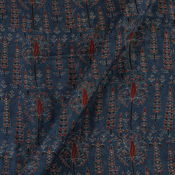 Modal Satin Steel Blue Colour Vanaspati Hand Block Tree with Bird Motif Print Fabric Online 9792CV1 