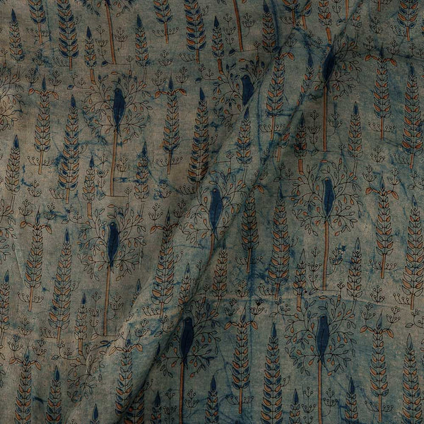 Modal Satin Beige Blue Colour Vanaspati Hand Block Tree with Bird Motif Print Fabric Online 9792CV2