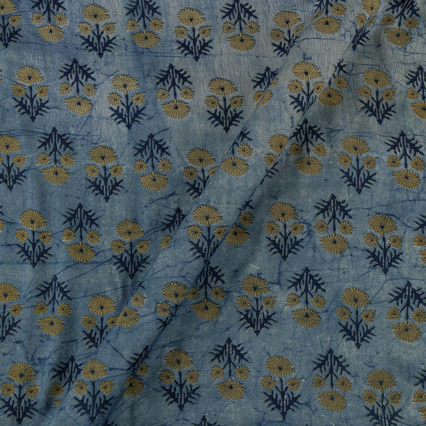 Modal Satin Beige Blue Colour Vanaspati Hand Block Floral Print Fabric Online 9792DT2