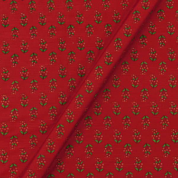 Spun Dupion (Artificial Raw Silk) Cherry Red Colour Gold Foil Floral Print Fabric Online 9811J