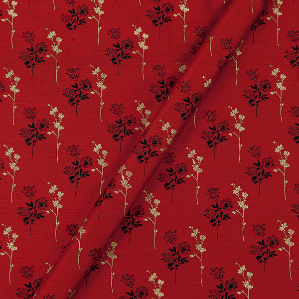 Spun Dupion (Artificial Raw Silk) Cherry Red Colour Gold Foil Leaves Print Fabric Online 9811K