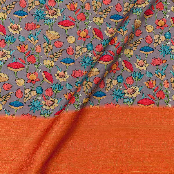 Floral Print with Jacquard Daman Border Dove Grey Colour Art Silk Fabric Online 9821AK1