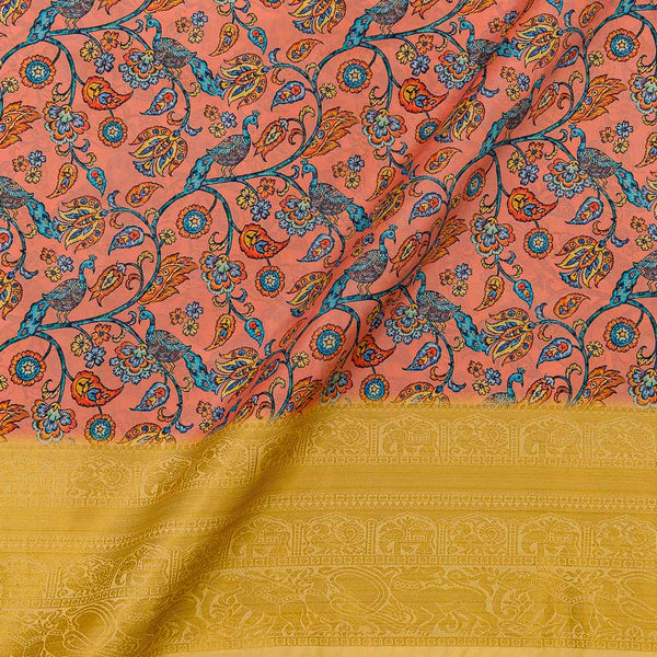 Peacock Motif Print with Jacquard Daman Border Peach Orange Colour Art Silk Fabric Online 9821AV2