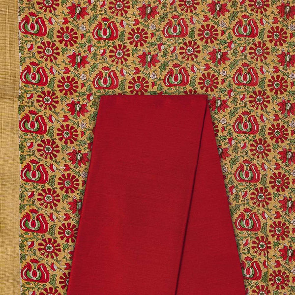 Two Pc Set Of Cotton Two Side Gold Border Printed Fabric & Spun Cotton (Banarasi PS Cotton Silk) Plain Fabric [2.50 Mtr Each]