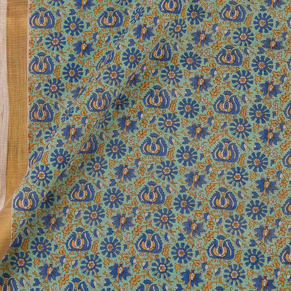 Cotton Aqua Colour Jaal with Two Side Gold Border Fabric Online 9827AQ