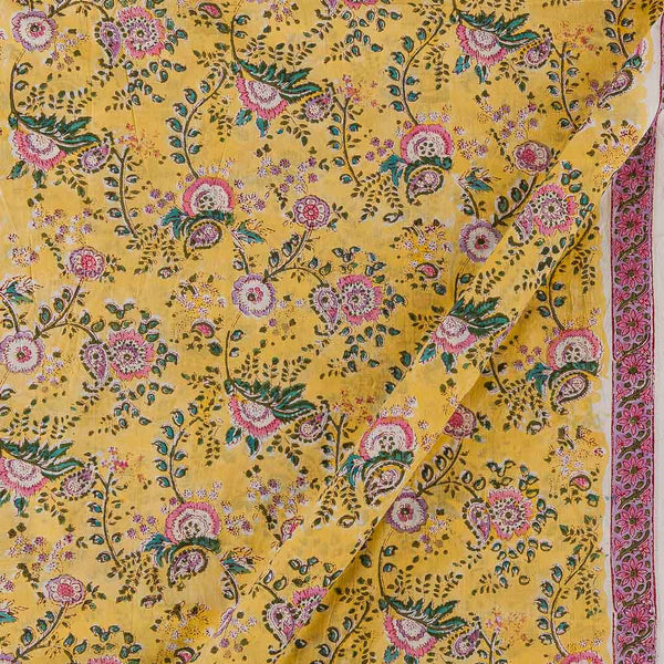 Soft Cotton Yellow Colour Jaal with One Side Border Jaipuri Hand Block Print Fabric Online 9845AD