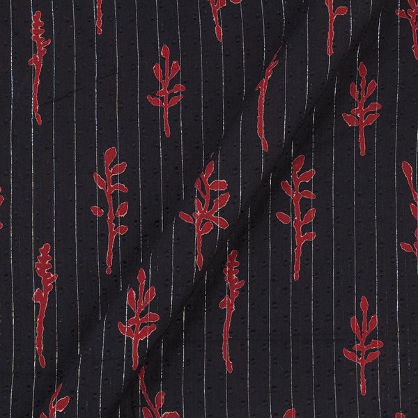 Cotton Black Colour Leaves Block Print with Silver Lurex Dobby Fabric Online 9852R