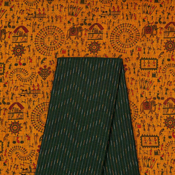Two Pc Set Of Fancy Chanderi Feel Two Side Border Printed Fabric & Spun Dupion Kantha Jacquard Striped Fabric [2.5 Mtr Each]