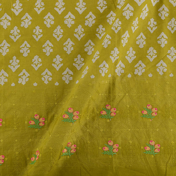 Cotton Pastel Green Colour Batik Inspired Print with Floral Thread Embroidered Daman Border 45 Inches Width Fabric Cut Of 0.90 Meter