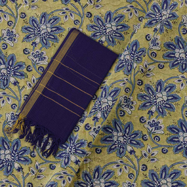 Two Pc Set Of Cotton Jaipuri Hand Block Printed Fabric & South Cotton Two Side Zari Bordered Dupatta