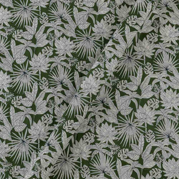 Soft Cotton Moss Green Colour Leaves Print Fabric Online 9958GI3