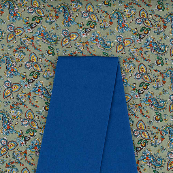 Two Pc Set Of Soft Cotton Printed Fabric & Flex [Cotton Linen] Plain Fabric [2.50 Mtr Each]