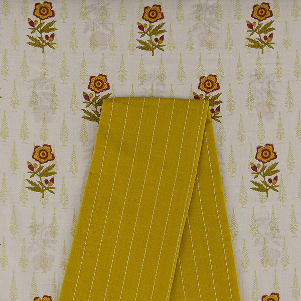 Two Pc Set Of Cotton Printed Fabric & Slub Cotton Kantha Jacquard Striped Fabric [2.50 Mtr Each]