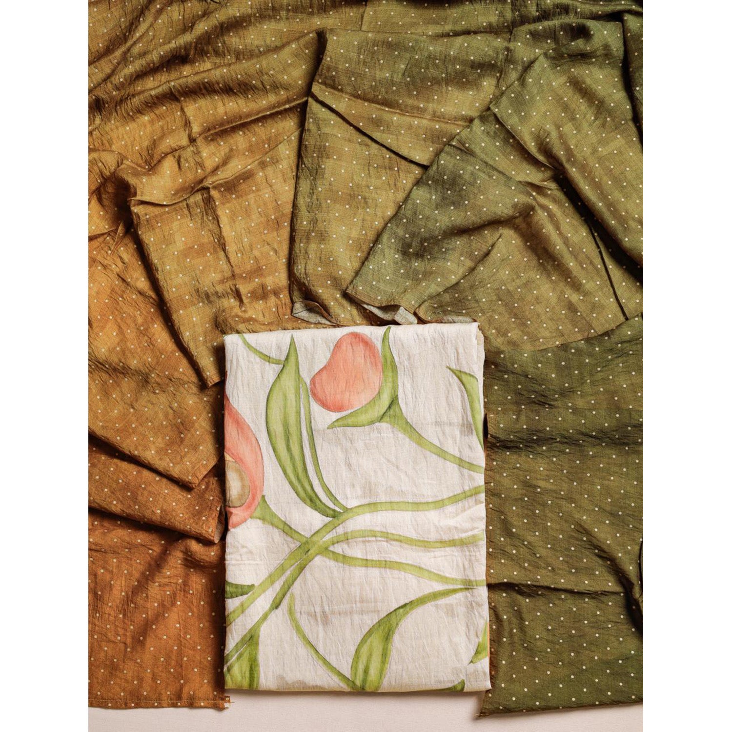 BRUSH PAINTED MOGRA CHANDERI SUIT SET