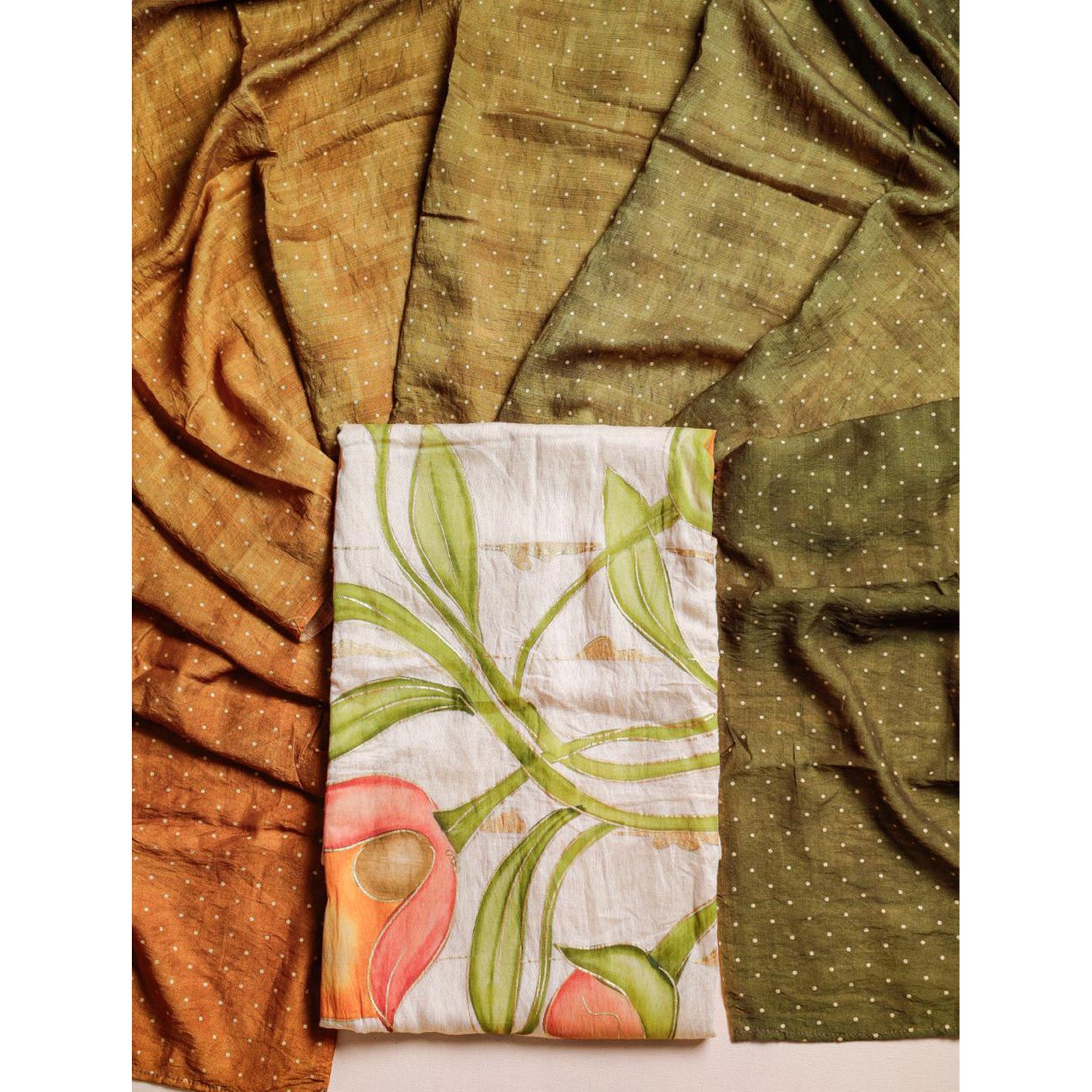 BRUSH PAINTED MOGRA CHANDERI SUIT SET