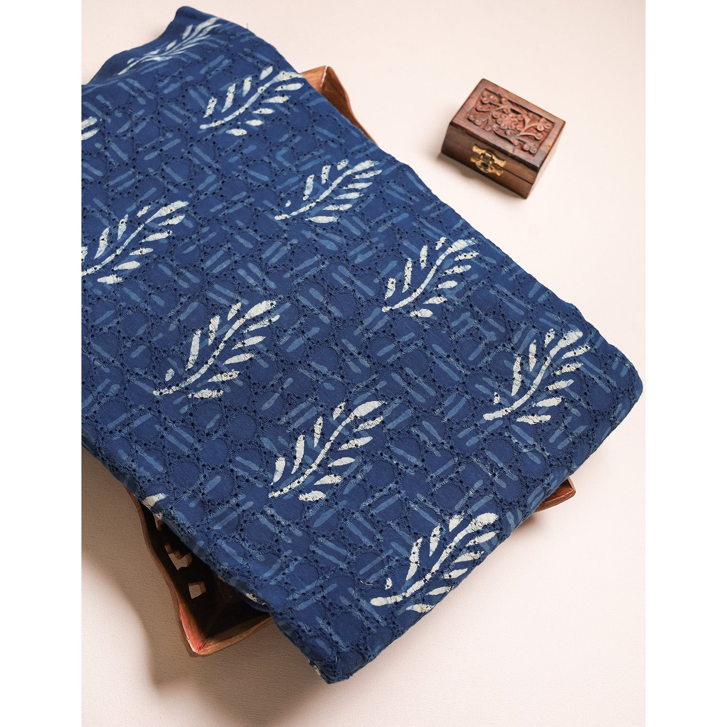 INDIGO COTTON SCHIFFLI HANDBLOCK PRINTED FABRIC