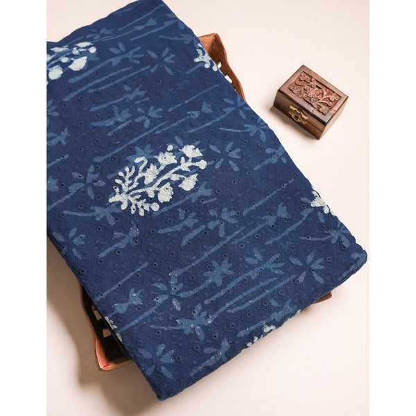 INDIGO COTTON SCHIFFLI HANDBLOCK PRINTED FABRIC