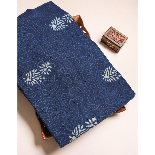 INDIGO COTTON SCHIFFLI HANDBLOCK PRINTED FABRIC