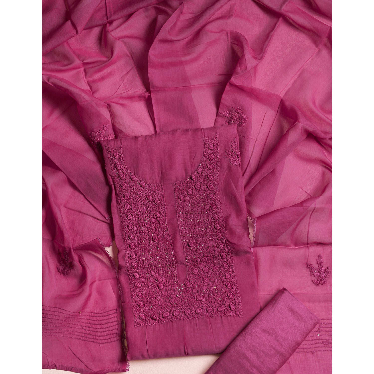 MUL CHANDERI EMBROIDERED SUIT SET