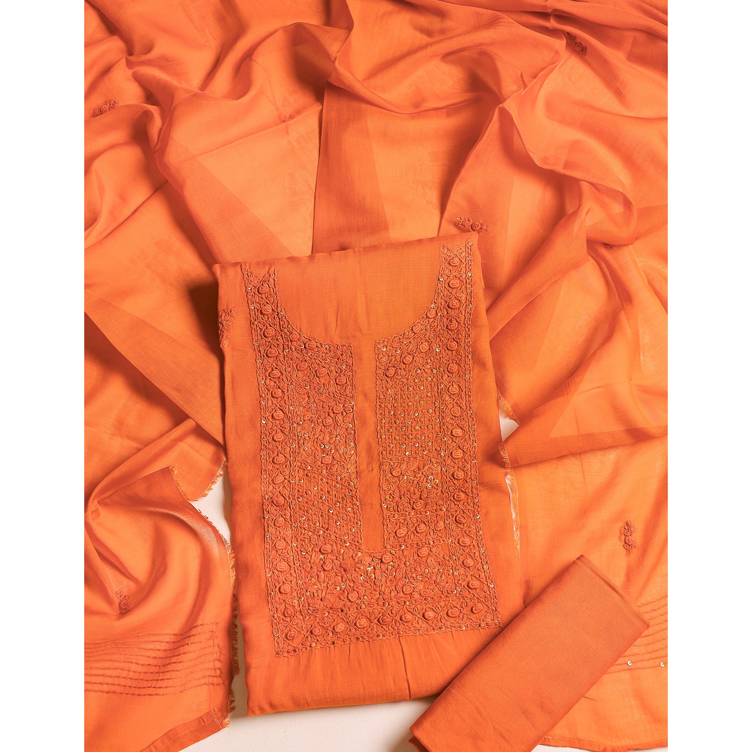 MUL CHANDERI EMBROIDERED SUIT SET