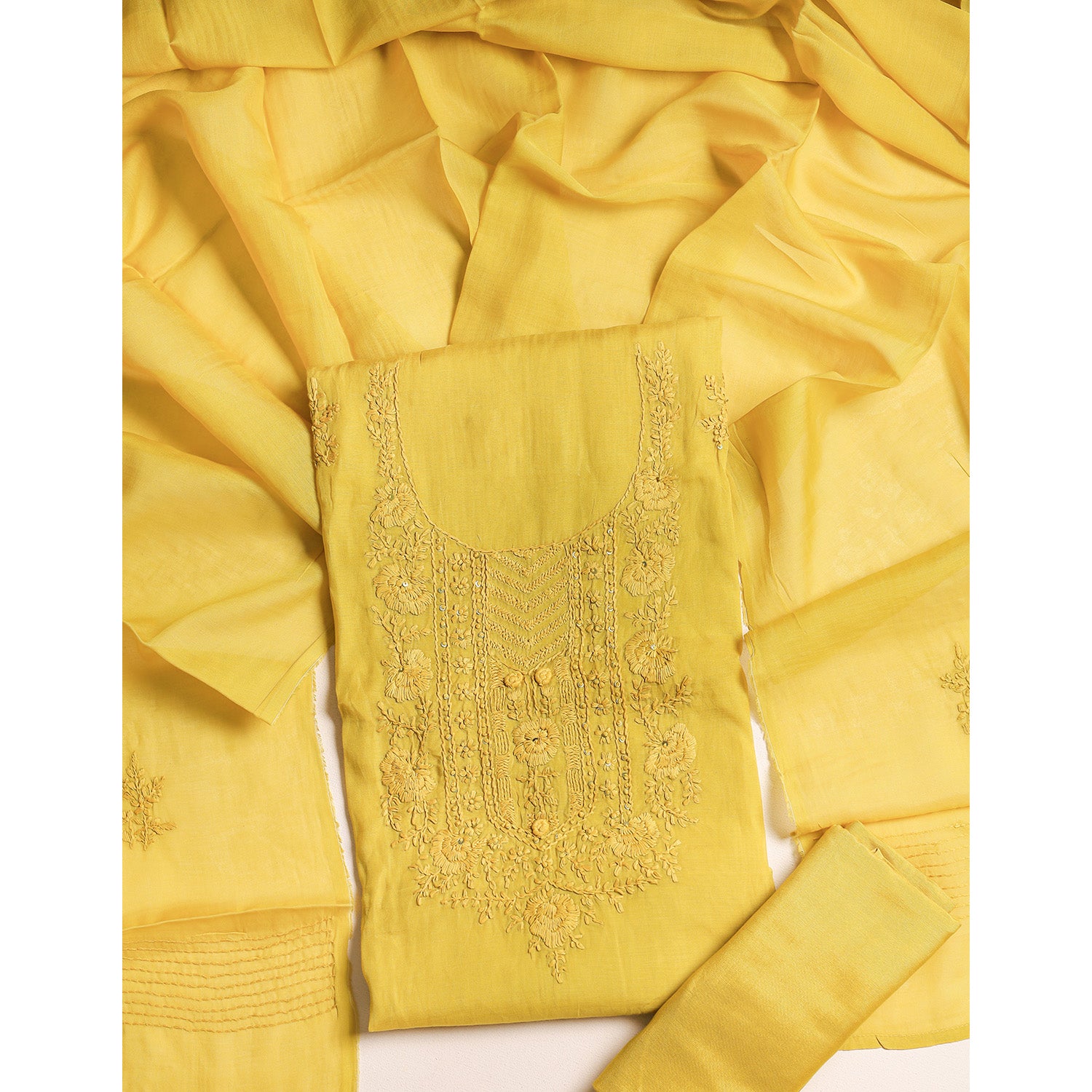 MUL CHANDERI EMBROIDERED SUIT SET