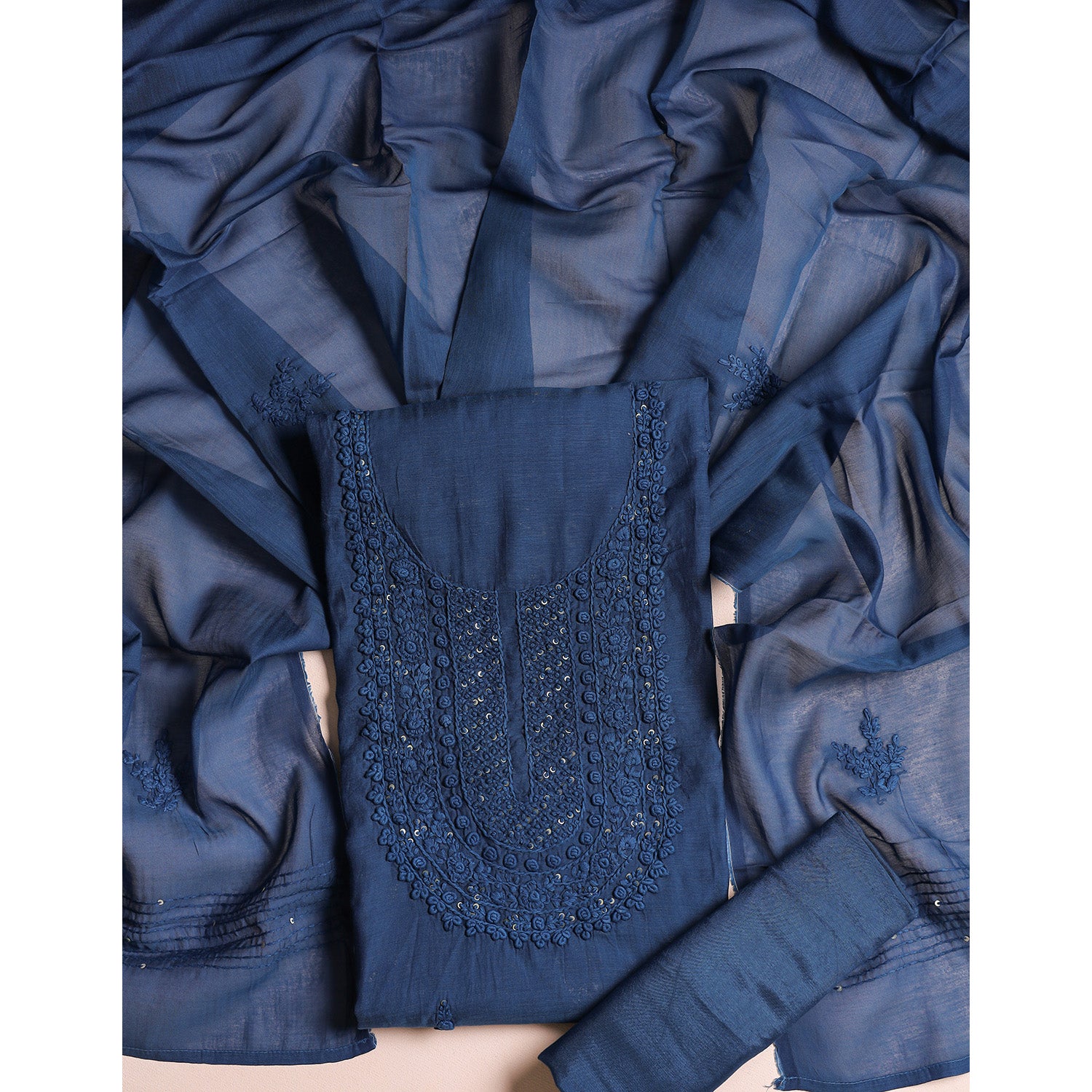 MUL CHANDERI EMBROIDERED SUIT SET