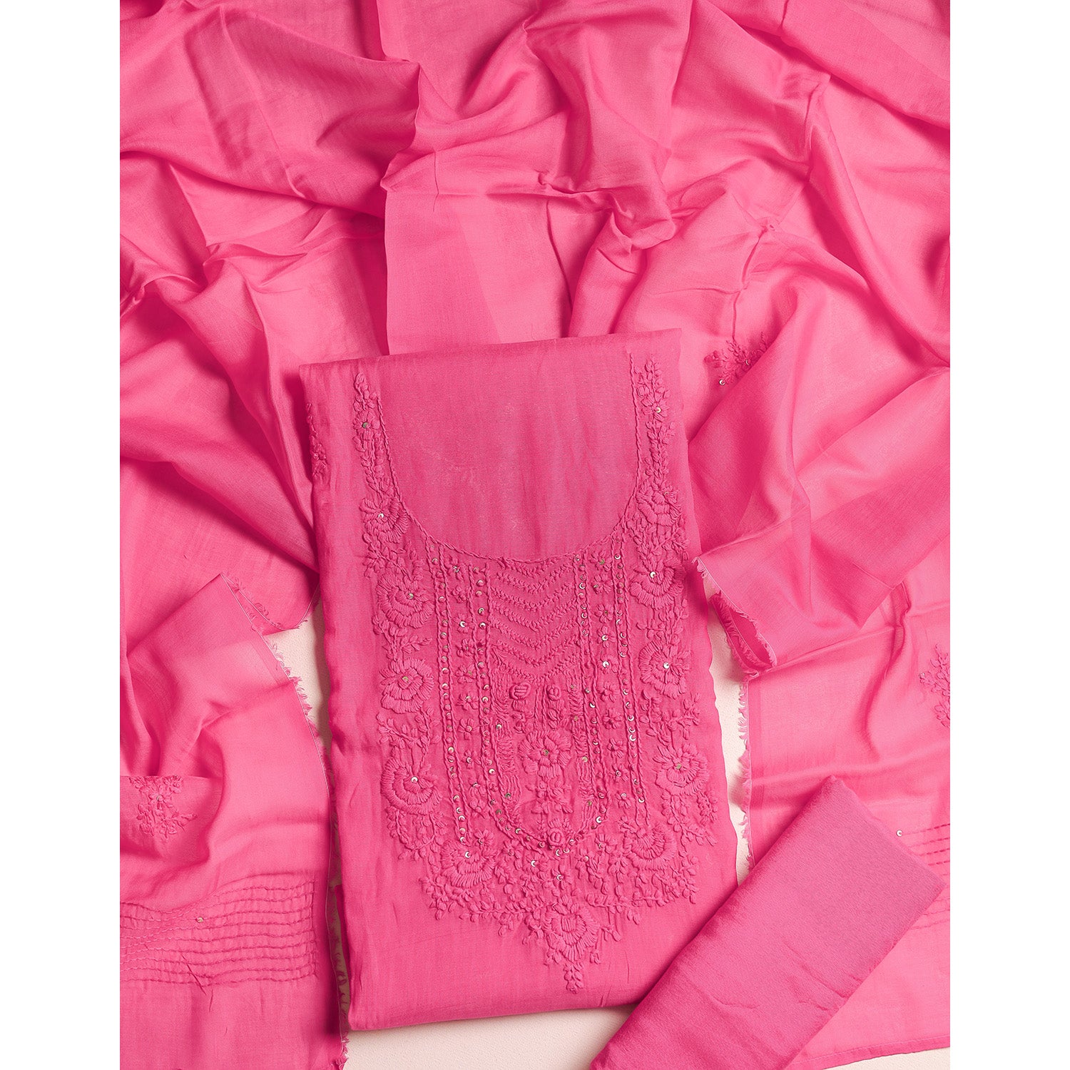 MUL CHANDERI EMBROIDERED SUIT SET