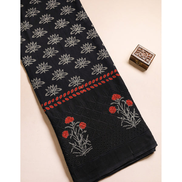 COTTON HANDBLOCK PRINTED SCHIFFLI BORDER FABRIC