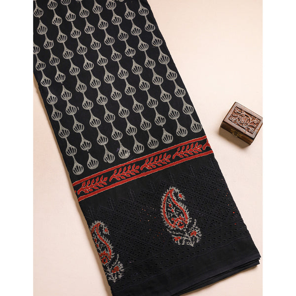 COTTON HANDBLOCK PRINTED SCHIFFLI BORDER FABRIC