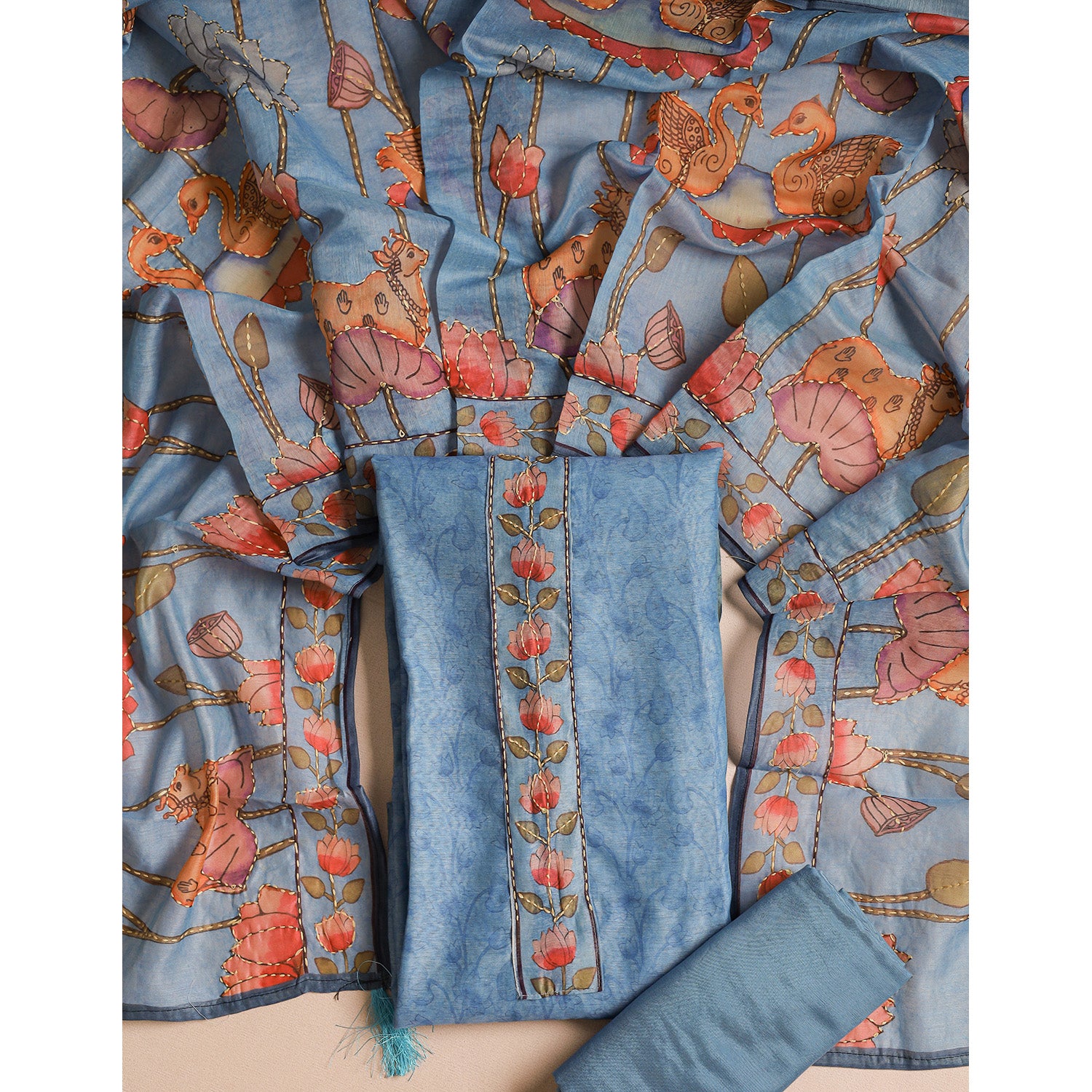 CHANDERI KALAMKARI KANTHA WORK SUIT SET