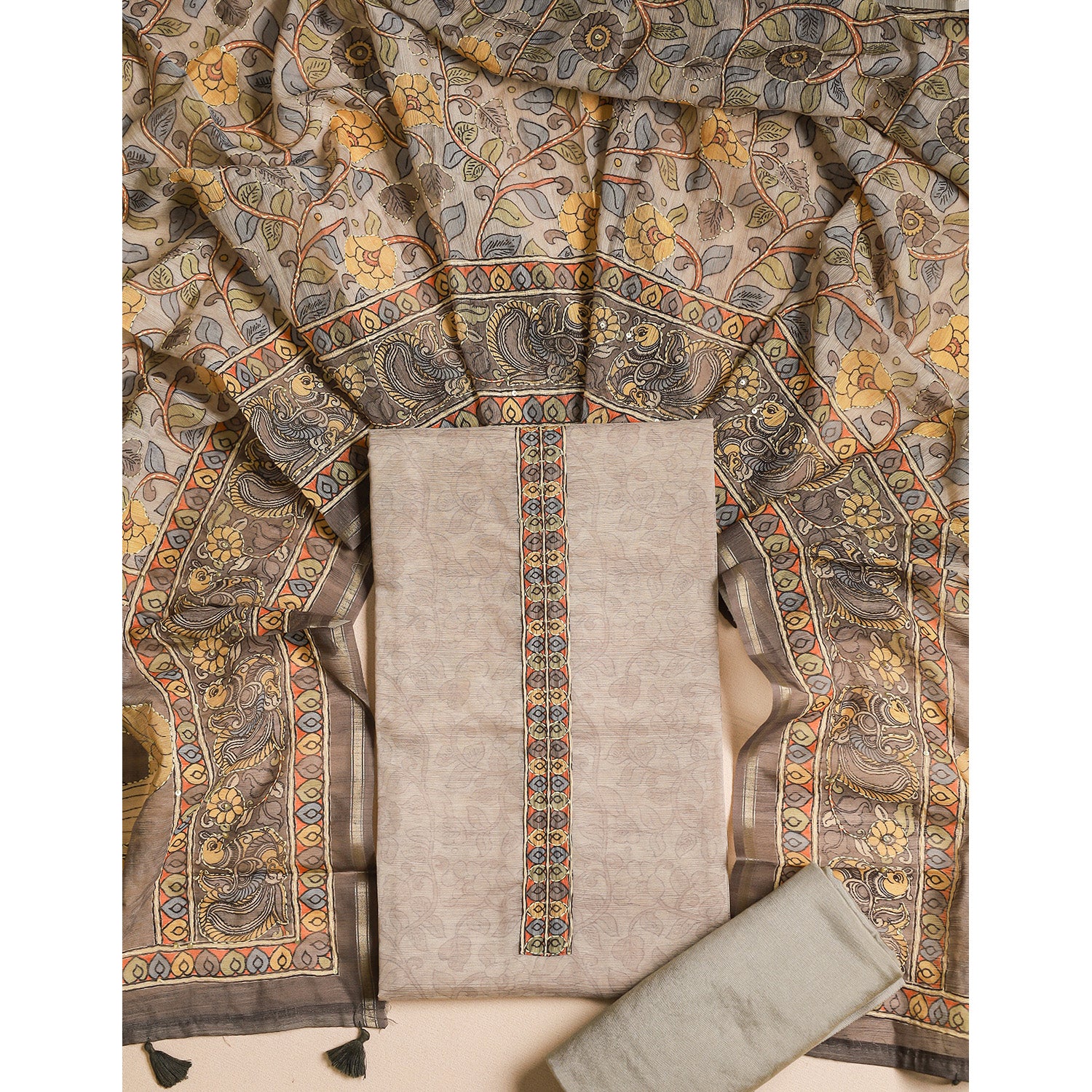 CHANDERI KALAMKARI KANTHA WORK SUIT SET