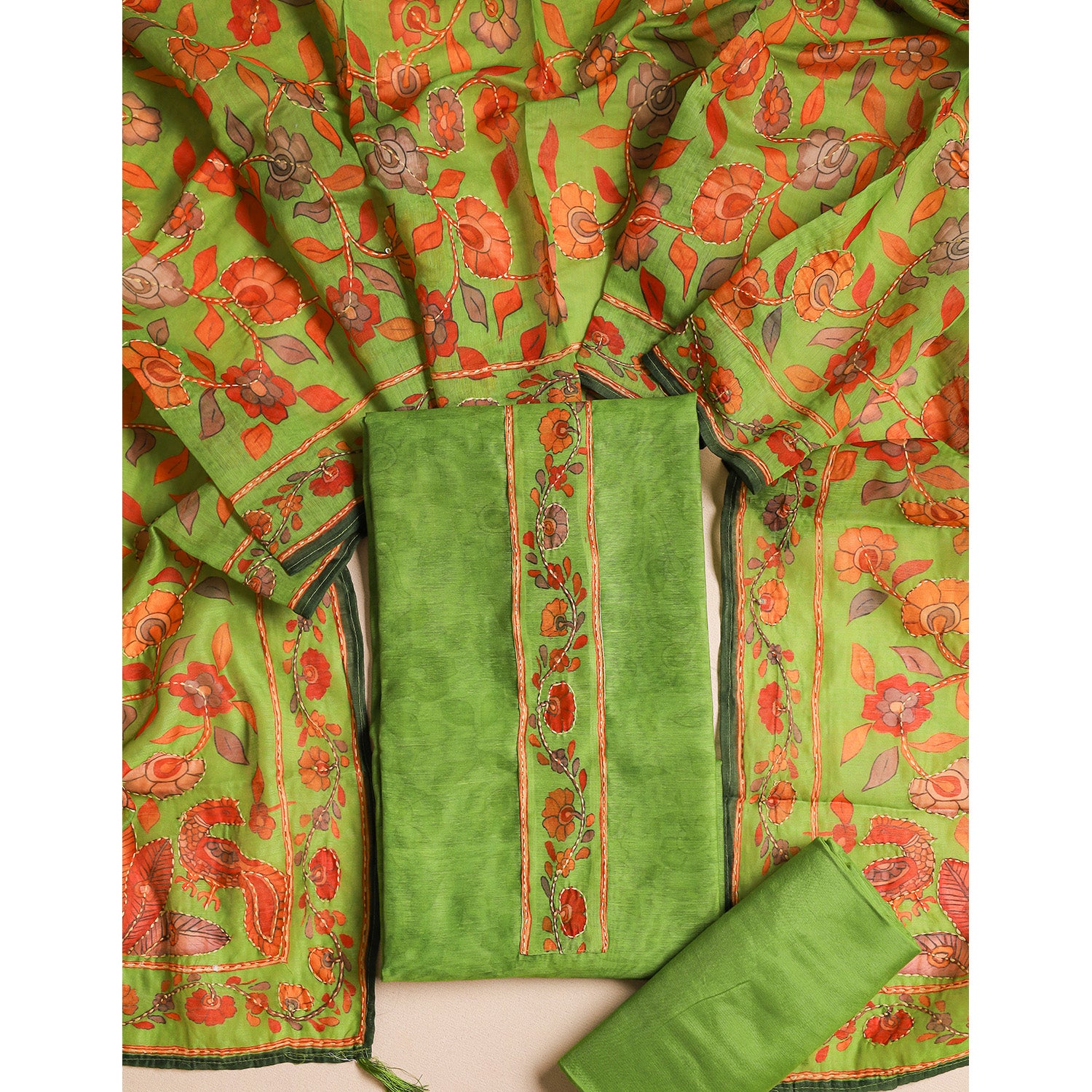 CHANDERI KALAMKARI KANTHA WORK SUIT SET