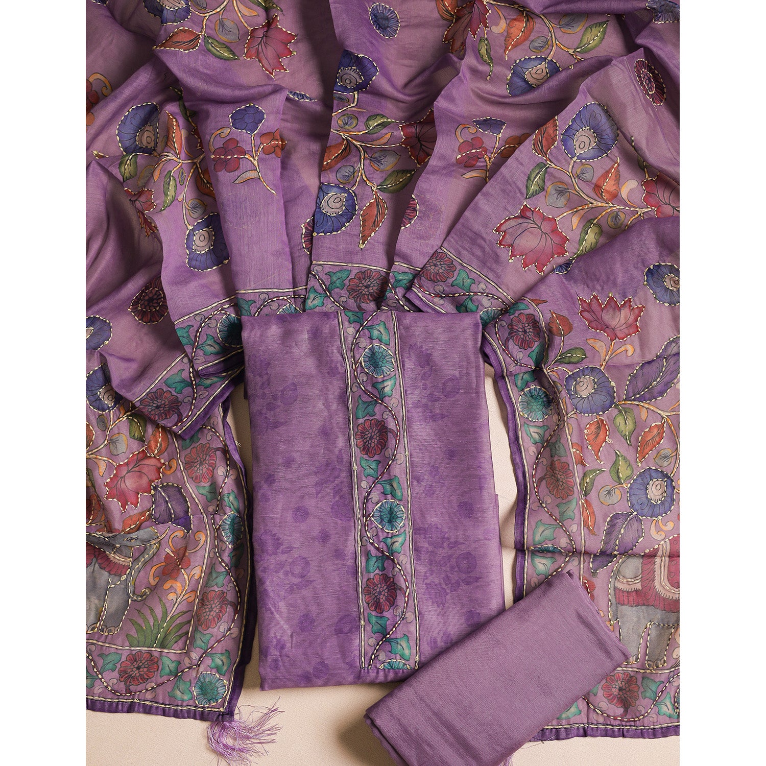 CHANDERI KALAMKARI KANTHA WORK SUIT SET