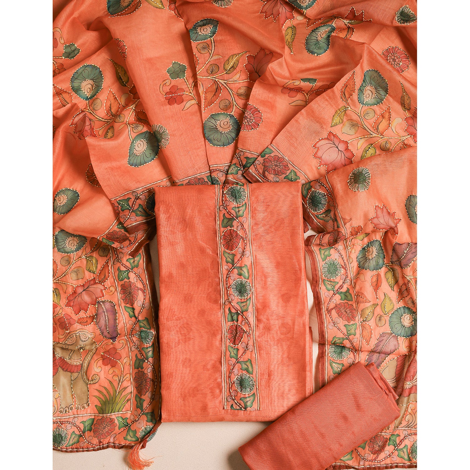 CHANDERI KALAMKARI KANTHA WORK SUIT SET
