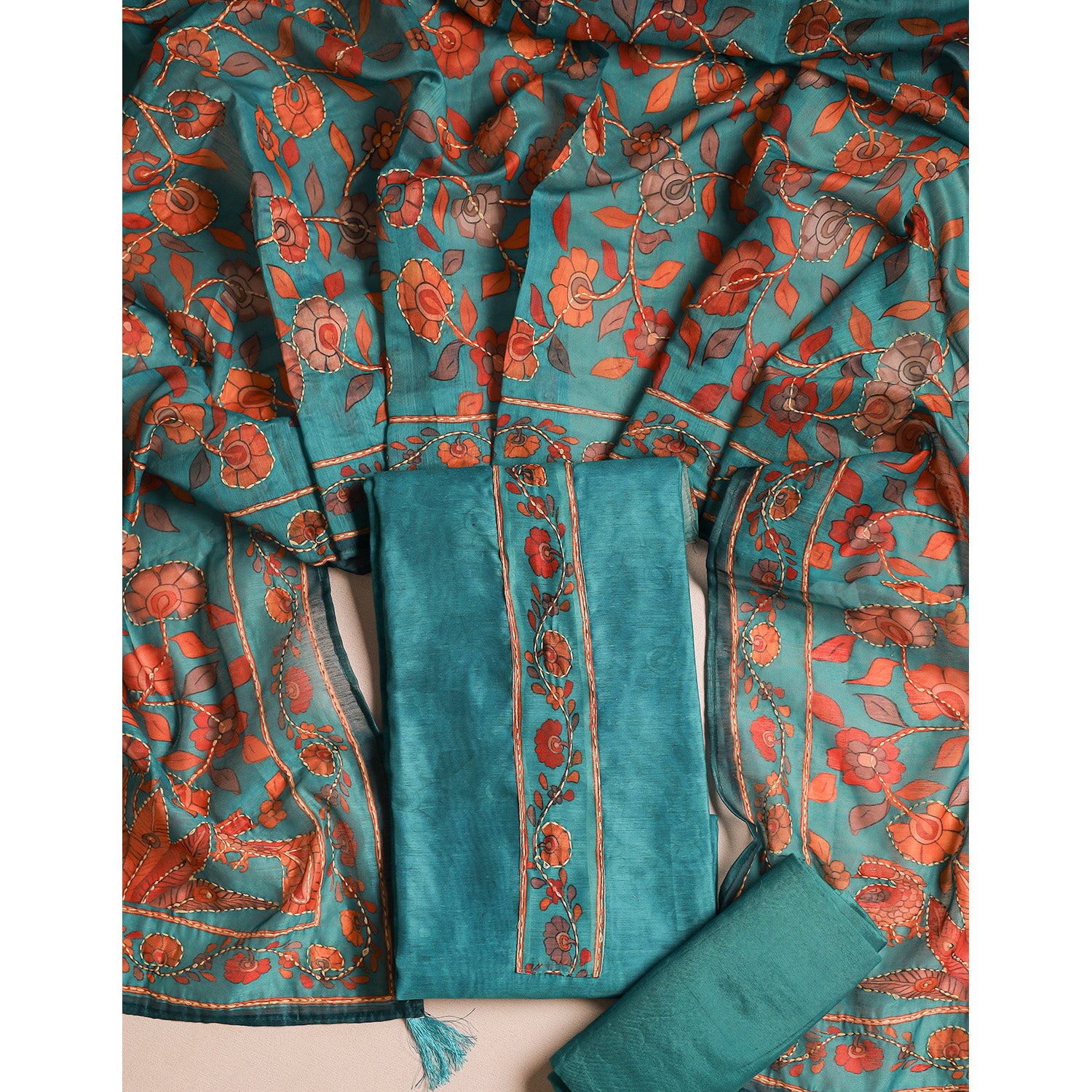 CHANDERI KALAMKARI KANTHA WORK SUIT SET