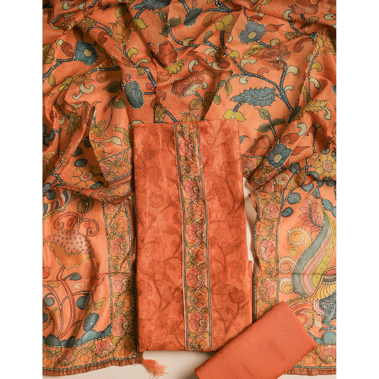 CHANDERI KALAMKARI KANTHA WORK SUIT SET