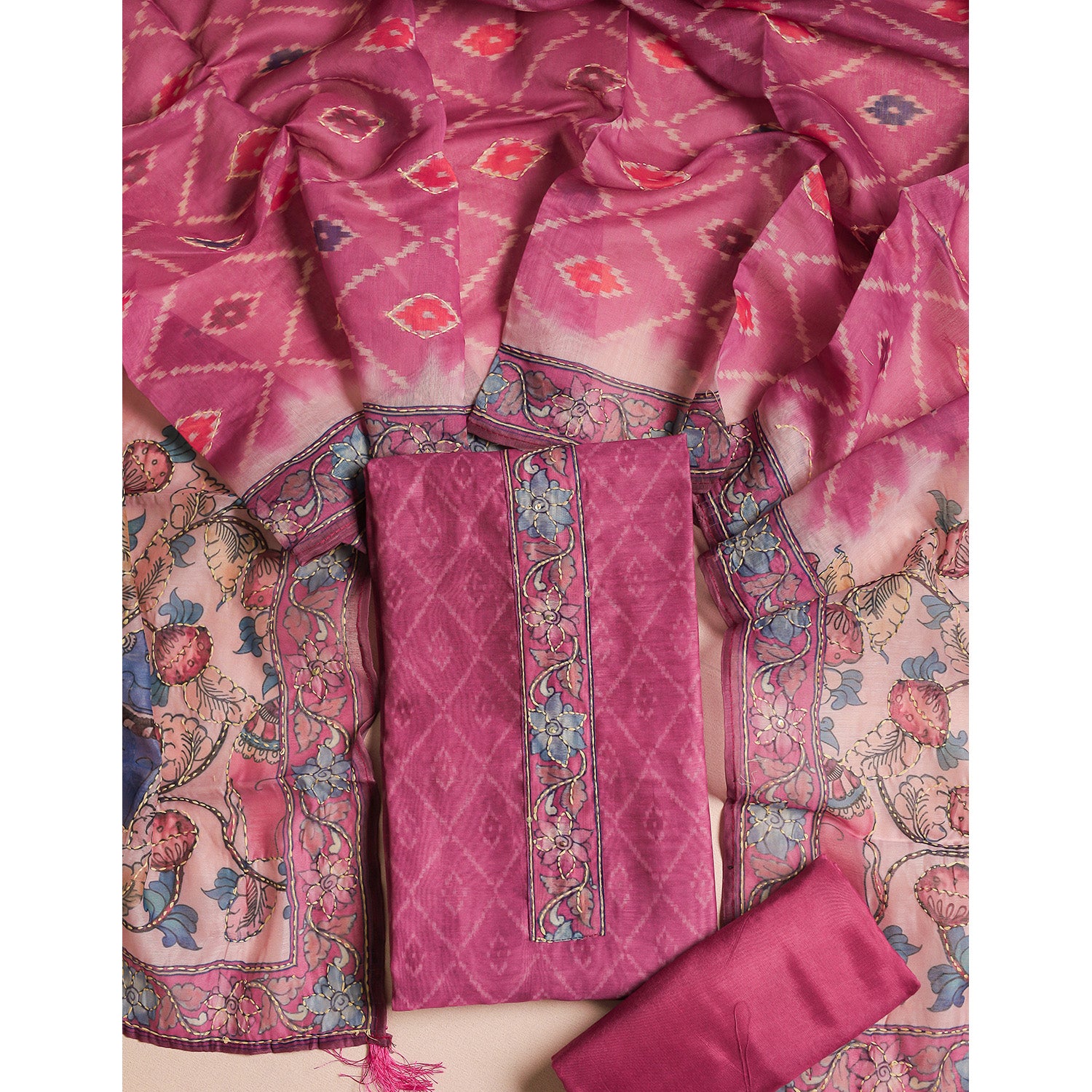 CHANDERI KALAMKARI KANTHA WORK SUIT SET