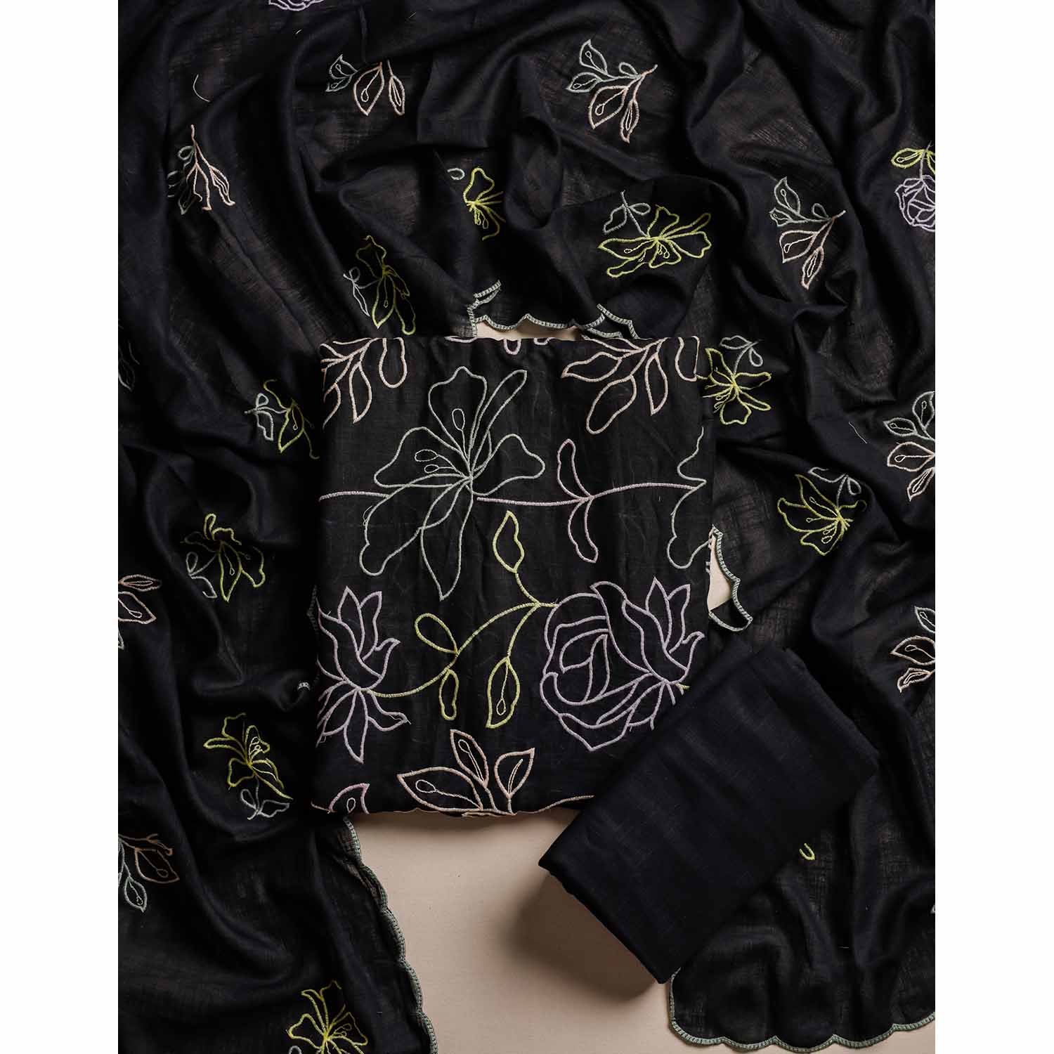 PURE COTTON SLUB EMBROIDERED SUIT SET