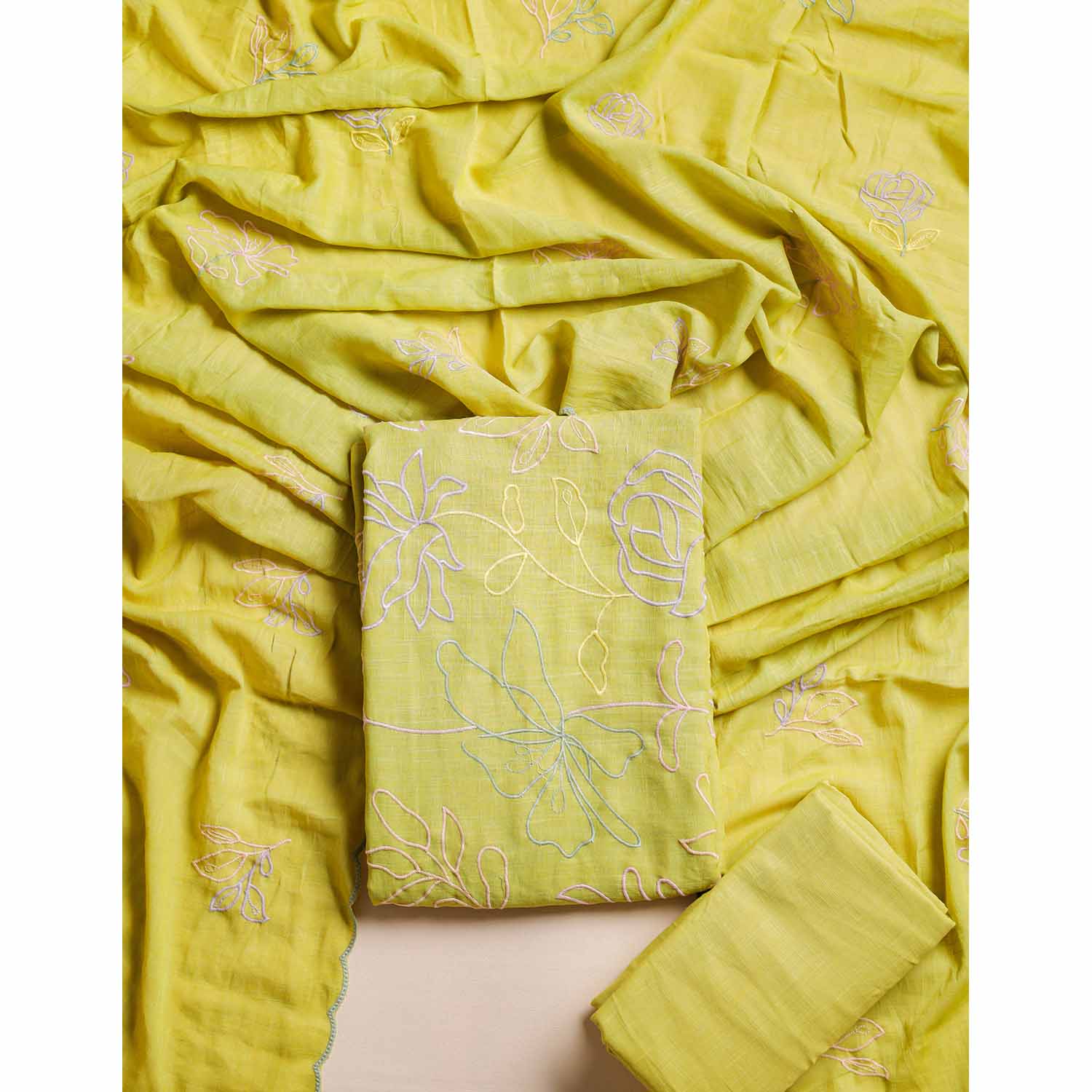 PURE COTTON SLUB EMBROIDERED SUIT SET