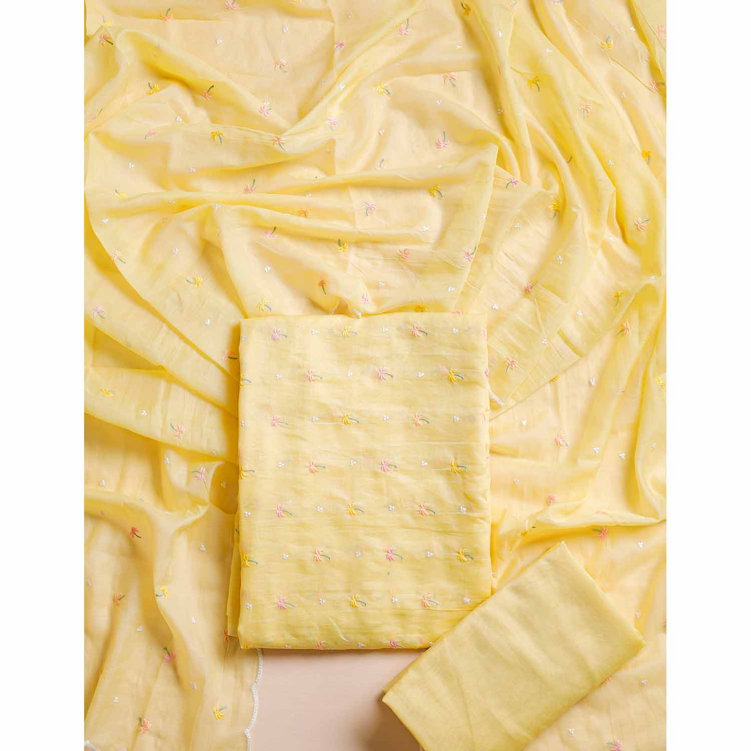 PURE MUL CHANDERI EMBROIDERED SUIT SET