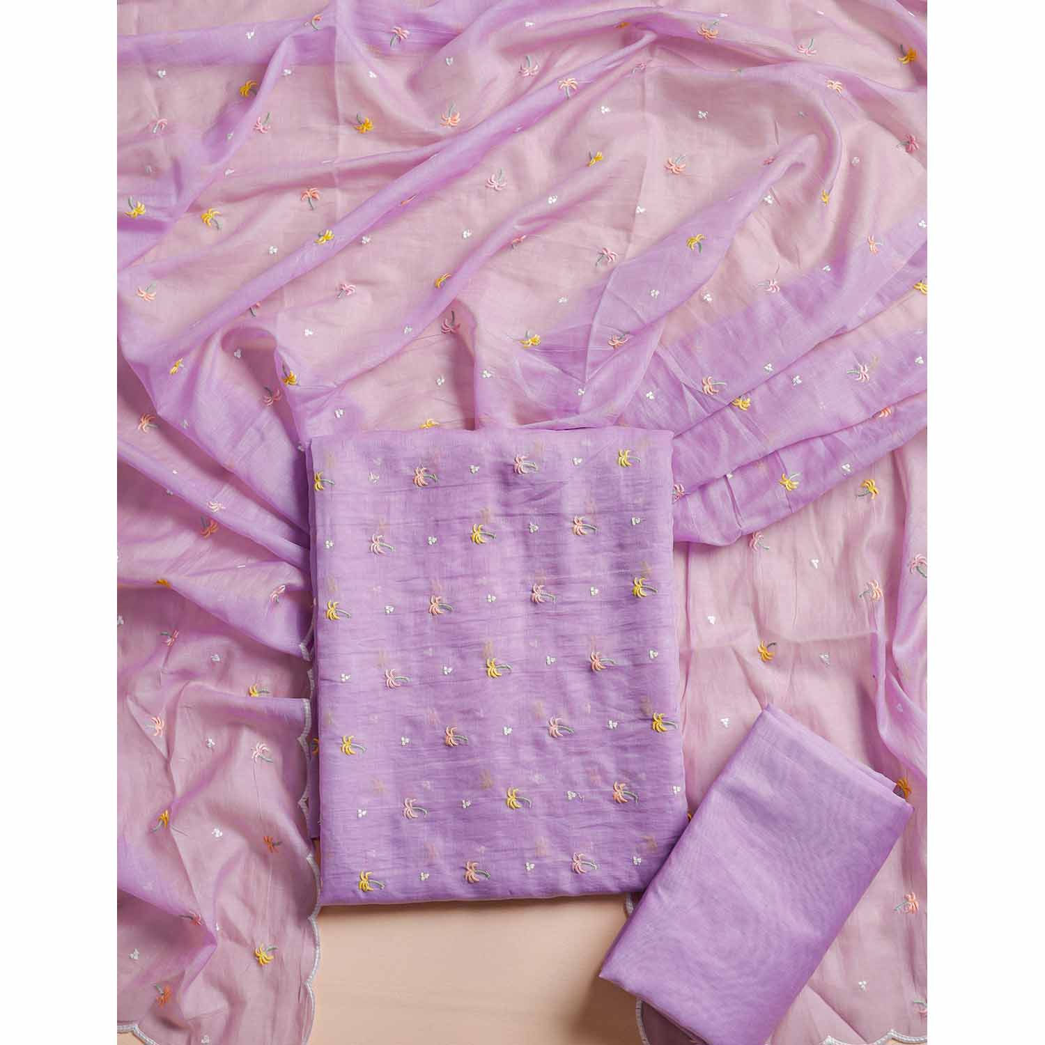 PURE MUL CHANDERI EMBROIDERED SUIT SET