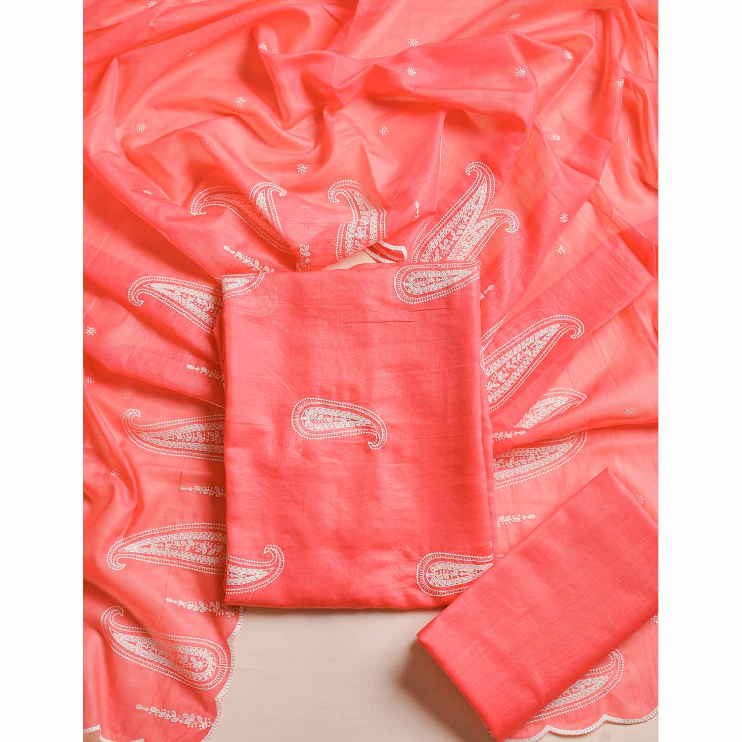 PURE MUL CHANDERI EMBROIDERED SUIT SET