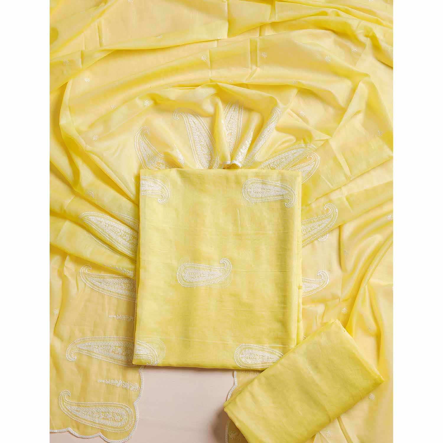 PURE MUL CHANDERI EMBROIDERED SUIT SET